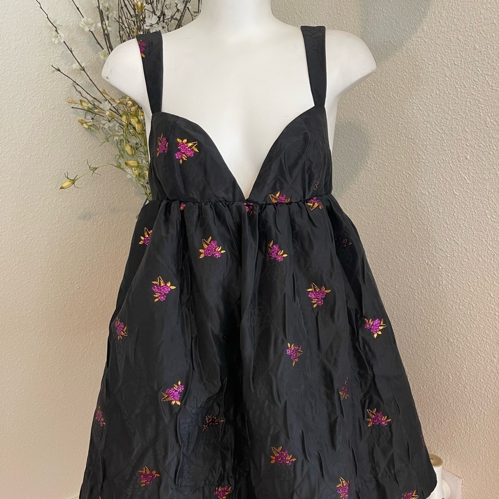 For Love & Lemons Sachi Black Mini Dress with Floral Design Size Small